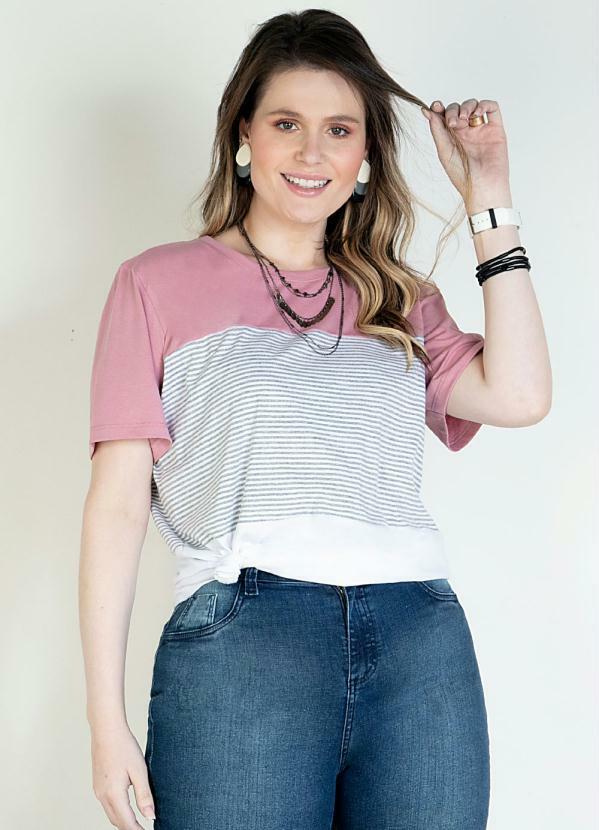 Quintess - Blusa em Meia Malha Listras e Rosa