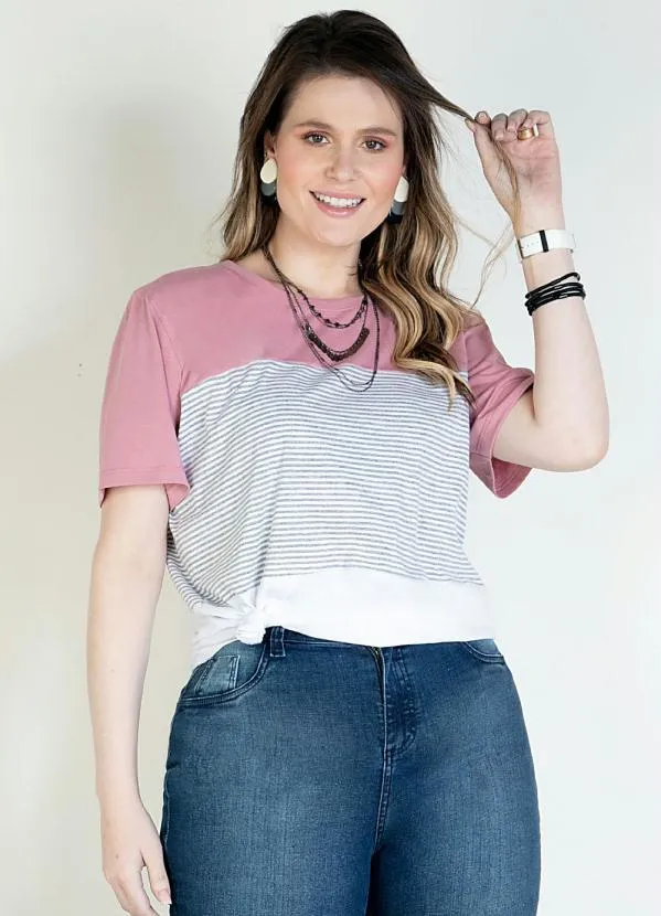 Quintess - Blusa em Meia Malha Listras e Rosa 6