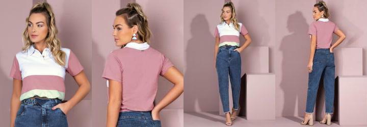 Blusa em Moletinho Branco, Rosa e Verde com Gola
