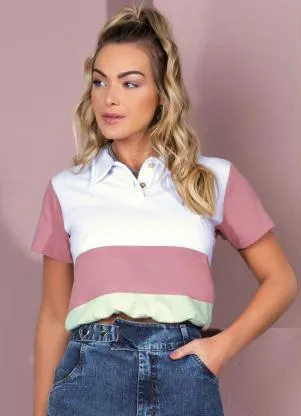 Quintess - Blusa em Moletinho Branco, Rosa e Verde com Gola - QUINTESS