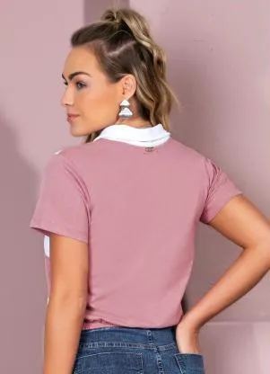 Quintess - Blusa em Moletinho Branco, Rosa e Verde com Gola - QUINTESS