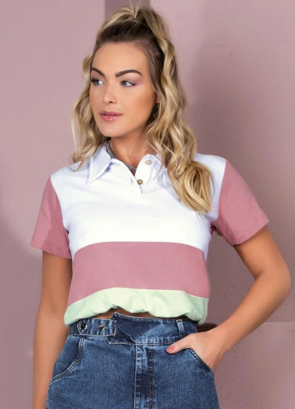 Quintess - Blusa em Moletinho Branco, Rosa e Verde com Gola