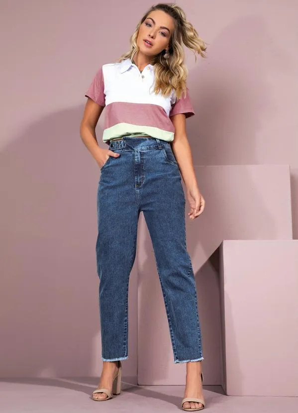 Quintess - Blusa em Moletinho Branco, Rosa e Verde com Gola 5