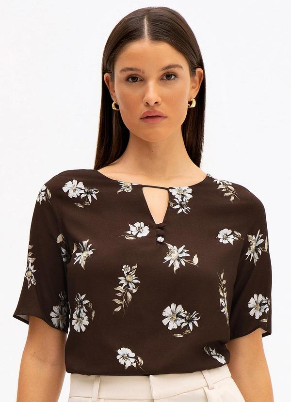 Principessa - Blusa Manga Curta em Viscose Estampada Floral Marrom Graciane