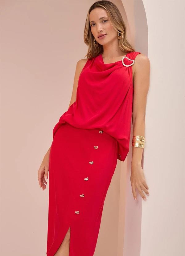 Lunender - Blusa Estampada com Decote Degagê Vermelho 5