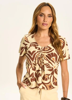 Doce Trama - Blusa Estampada com Franzido e Amarração Amarelo - DOCE TRAMA