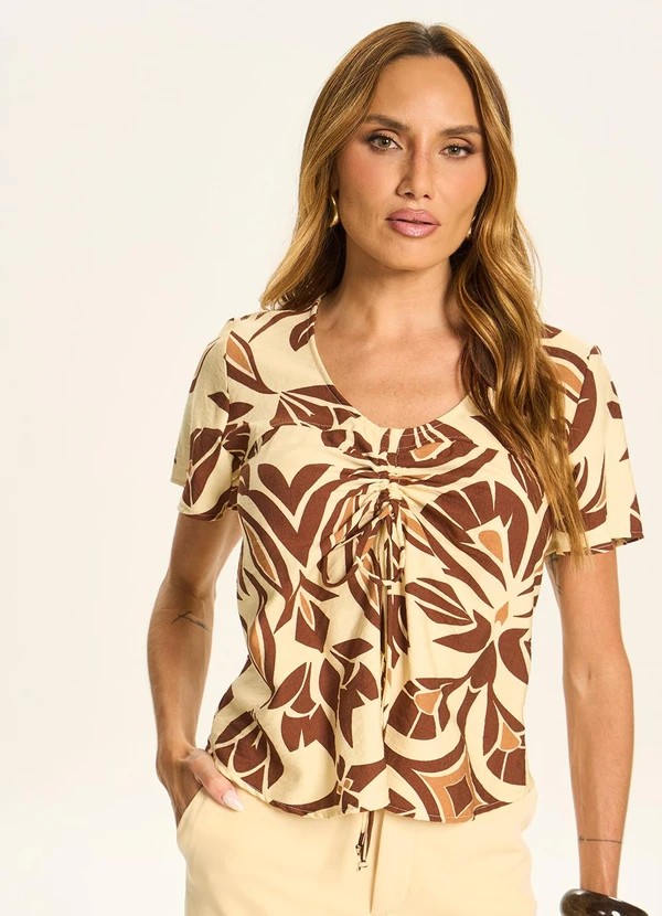 Doce Trama - Blusa Estampada com Franzido e Amarração Amarelo