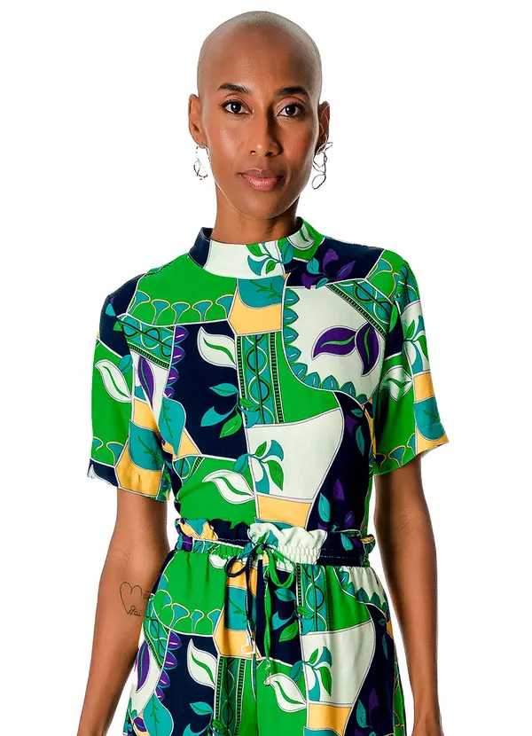 Rovitex - Blusa Estampada com Gola Dupla Feminina Verde