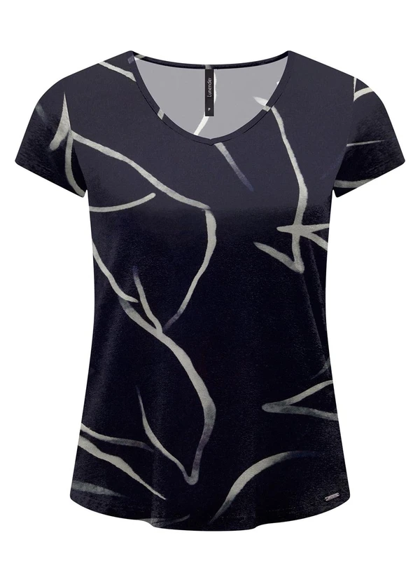 Lunender - Blusa Estampada D com Decote em V Azul
