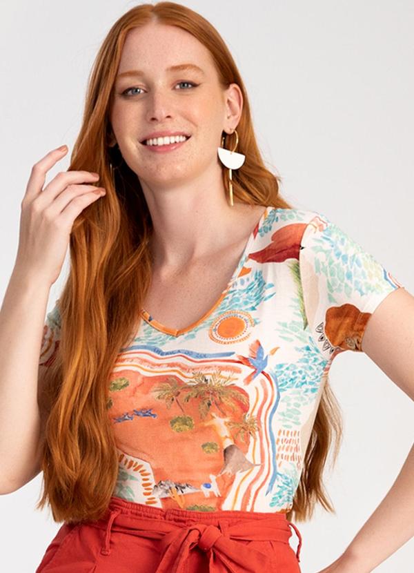 Lunender - Blusa Estampada em Malha Viscose Decote V Azul