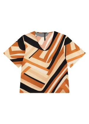 Lunender - Blusa Estampada em Viscose com Decote V Marrom - LUNENDER