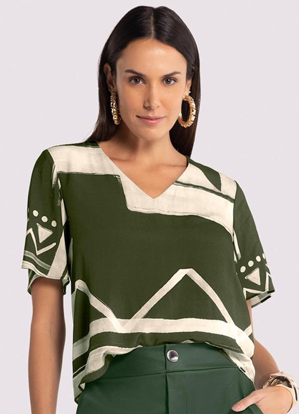 Lunender - Blusa Estampada em Viscose com Decote V Verde