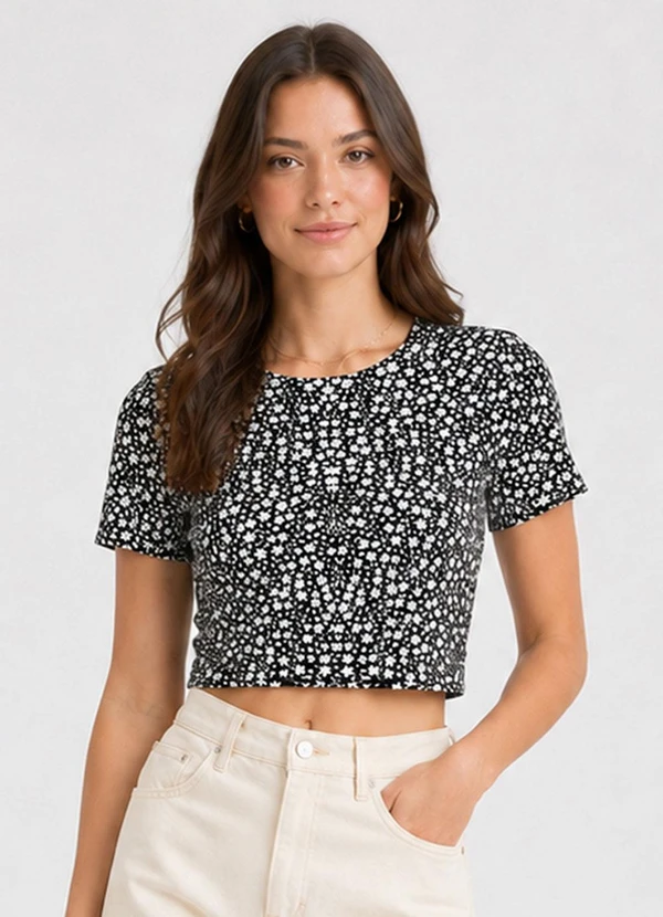 Infinita Cor - Blusa Estampada Feminina em Viscose Preto