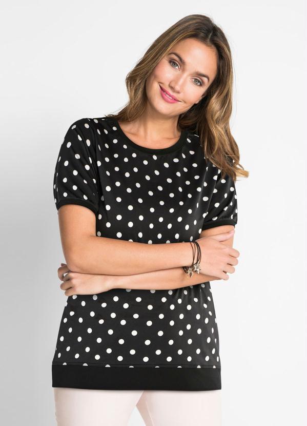 bonprix - Blusa Estampada Manga Curta Poá Preto