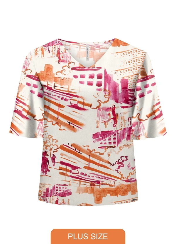 Lunender Mais Mulher - Blusa Estampada Plus Size e Decote em V Laranja