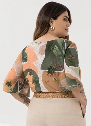 Lunender Mais Mulher - Blusa Estampada Plus Size e Decote em V Verde - LUNENDER MAIS MULHER