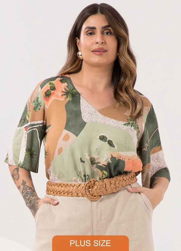 Lunender Mais Mulher - Blusa Estampada Plus Size e Decote em V Verde