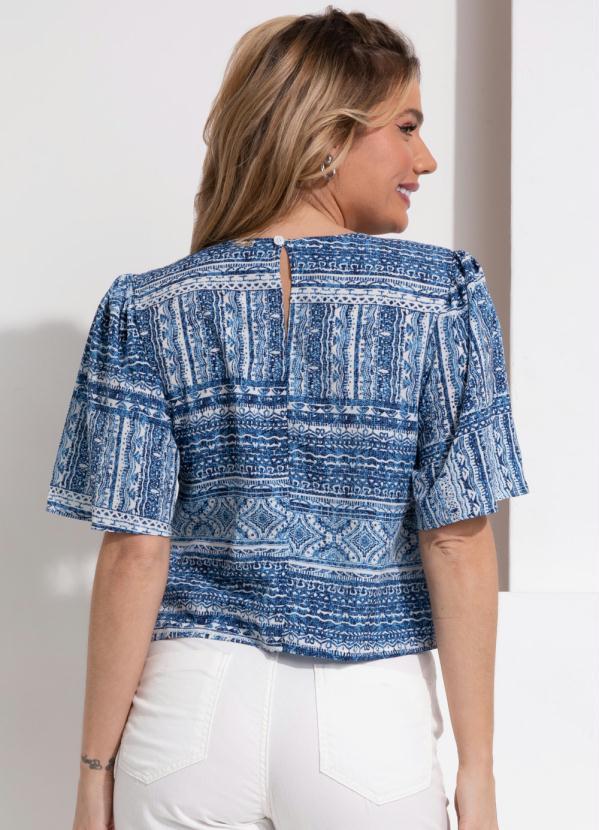Queima Estoque - Blusa Étnico Azul com Gota e Mangas Evasê 2