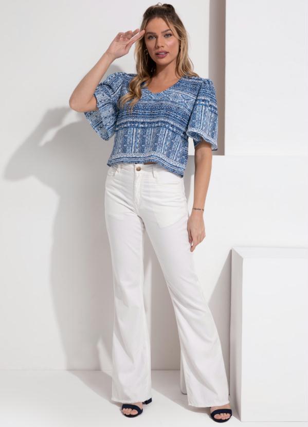 Queima Estoque - Blusa Étnico Azul com Gota e Mangas Evasê 3