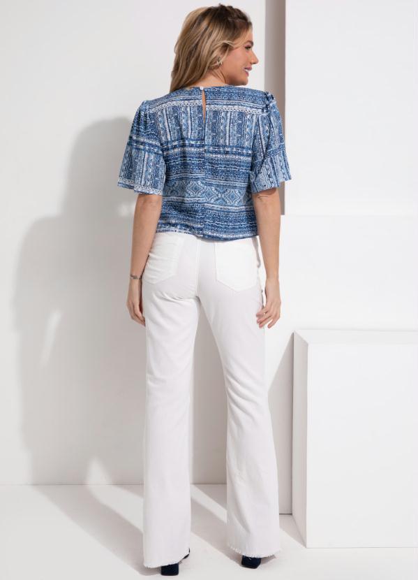 Queima Estoque - Blusa Étnico Azul com Gota e Mangas Evasê 4