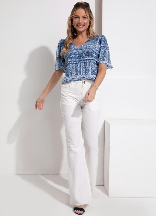 Queima Estoque - Blusa Étnico Azul com Gota e Mangas Evasê 5