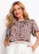 Blusa Feminina em Malha Fria Estampa �tnica Marrom com Pregas
