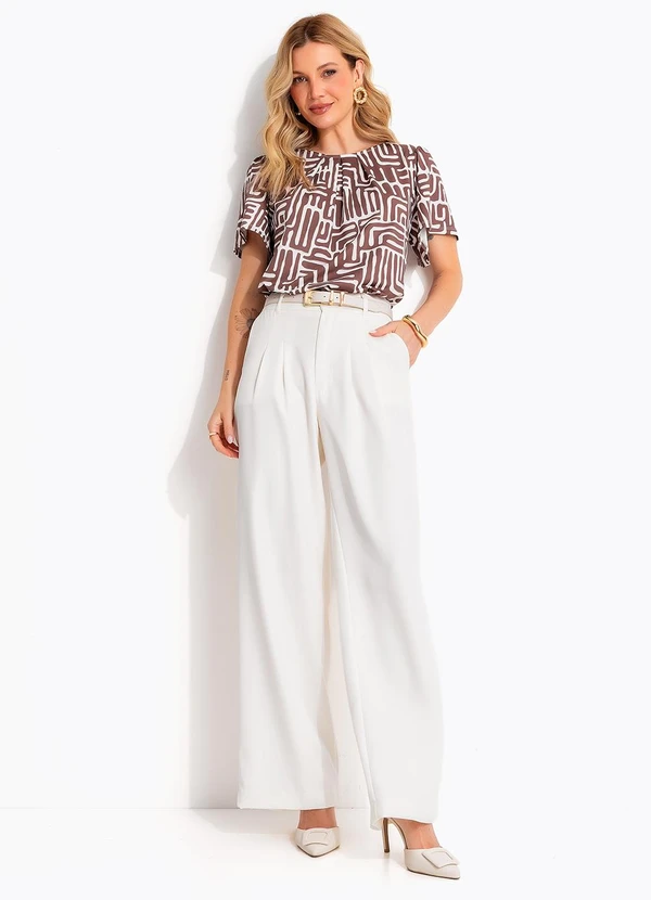 Quintess - Blusa Feminina em Malha Fria Estampa Étnica Marrom com Pregas 3