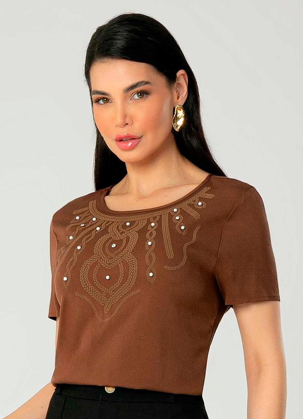 Gris - Blusa Feminina Adulta com Bordado Manual Marrom