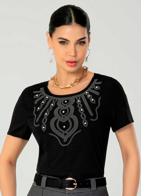 Gris - Blusa Feminina Adulta com Bordado Manual Preto