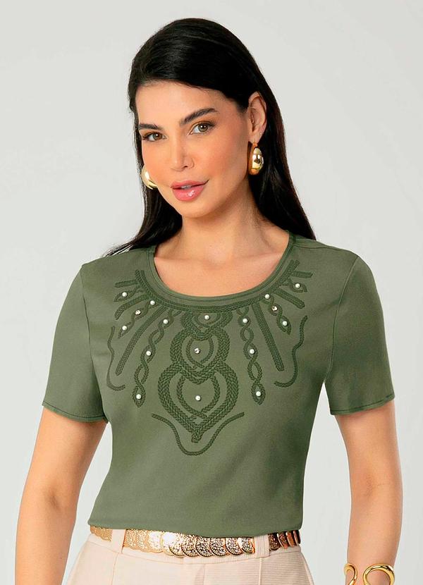 Gris - Blusa Feminina Adulta com Bordado Manual Verde