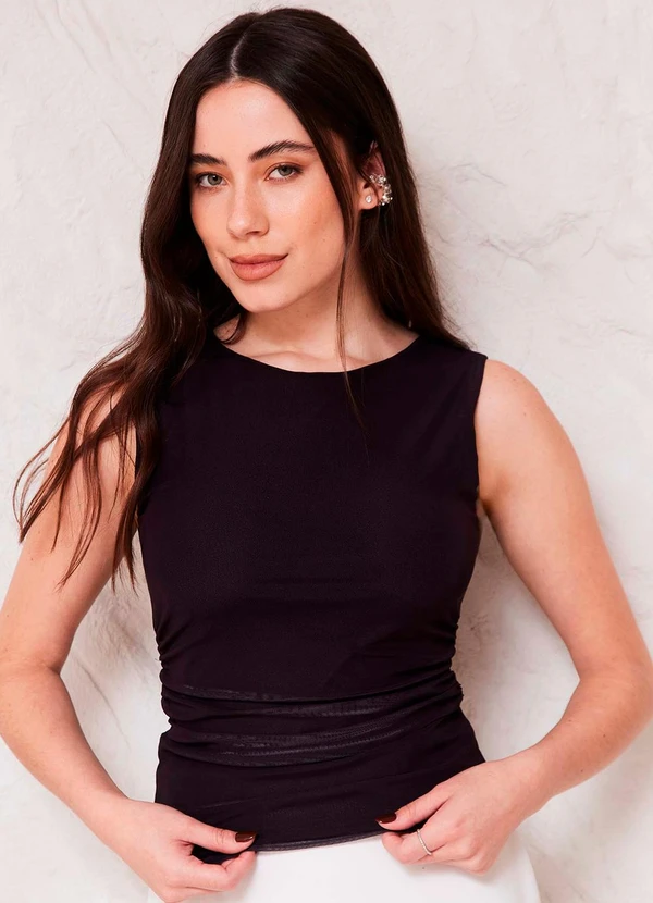 Doce Trama - Blusa Feminina Ajustada em Tule Sunset Preto