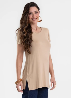Rovitex - Blusa Feminina Alongada em Viscotorcion Bege - ROVITEX