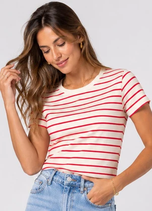 Infinita Cor - Blusa Feminina Básica Cotton Listrado Bege - INFINITA COR