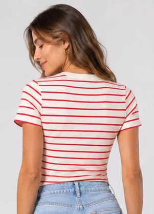 Infinita Cor - Blusa Feminina Básica Cotton Listrado Bege - INFINITA COR