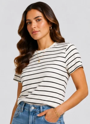 Infinita Cor - Blusa Feminina Básica Cotton Listrado Branco - INFINITA COR
