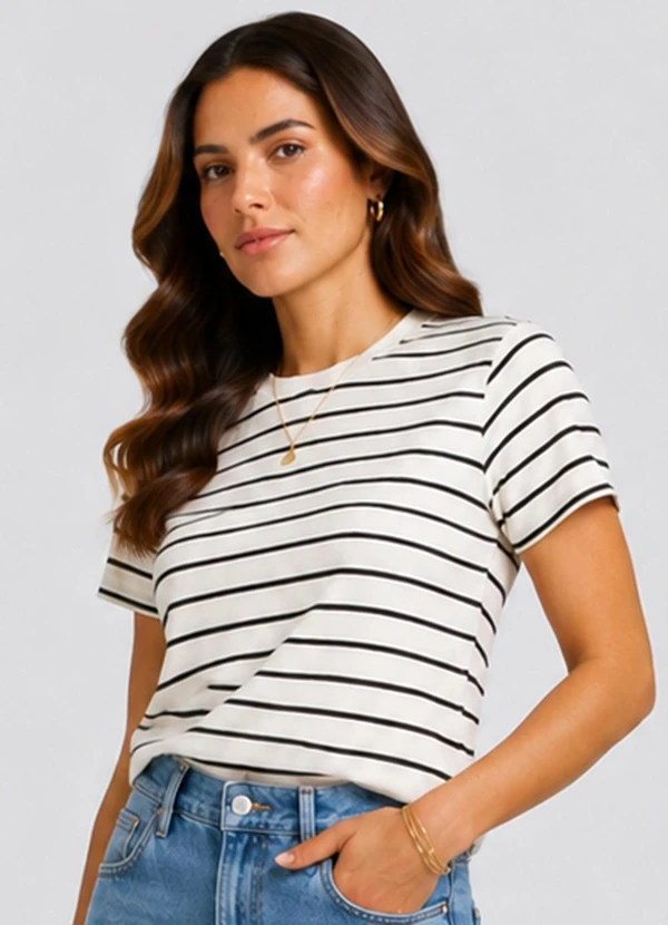 Infinita Cor - Blusa Feminina Básica Cotton Listrado Branco