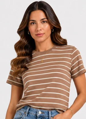 Infinita Cor - Blusa Feminina Básica Cotton Listrado Marrom - INFINITA COR