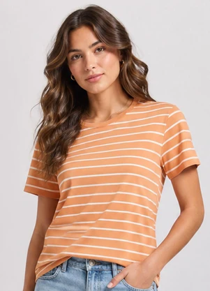Infinita Cor - Blusa Feminina Básica Cotton Listrado Marrom - INFINITA COR