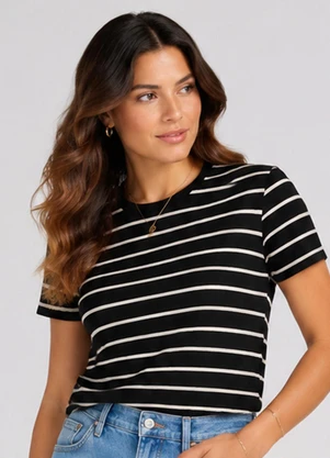 Infinita Cor - Blusa Feminina Básica Cotton Listrado Preto - INFINITA COR