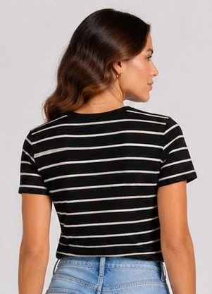 Infinita Cor - Blusa Feminina Básica Cotton Listrado Preto - INFINITA COR