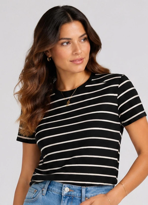 Infinita Cor - Blusa Feminina Básica Cotton Listrado Preto