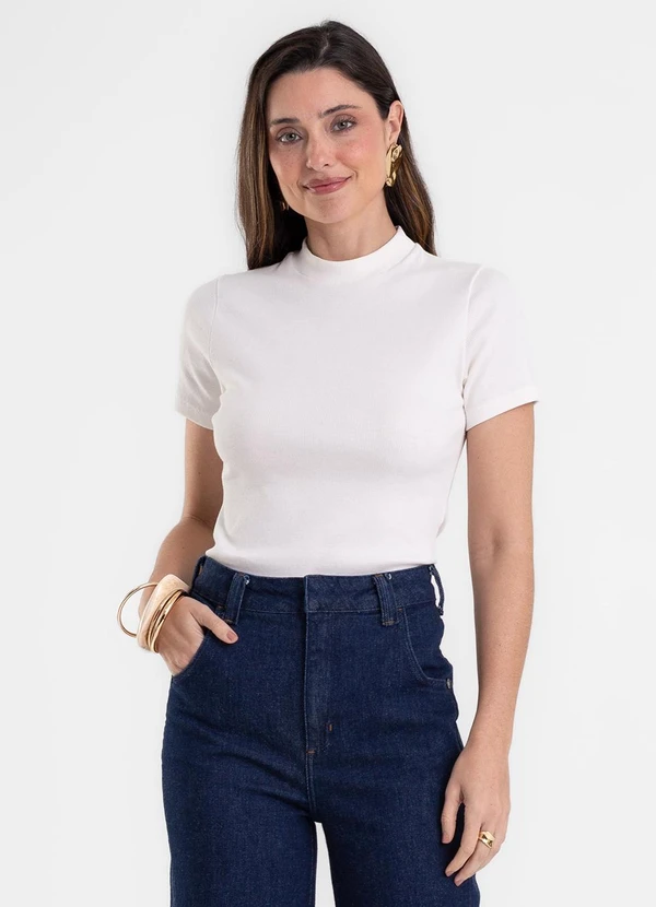 Rovitex - Blusa Feminina Básica em Ribana com Gola Bege