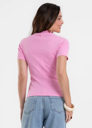 Rovitex - Blusa Feminina Básica em Ribana com Gola Rosa - ROVITEX