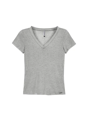 Marialícia - Blusa Feminina Básica Gola V Cinza - MARIALÍCIA