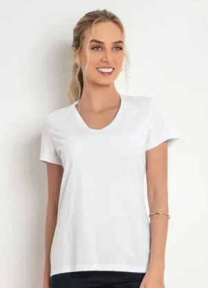 Basicamente - Blusa Feminina Branca Baby Look com Decote V - BASICAMENTE