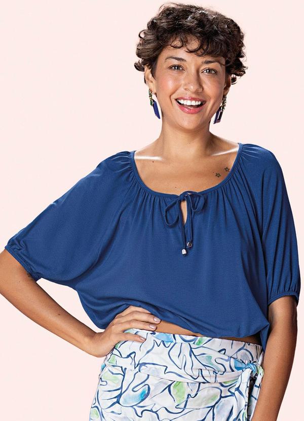 Marialícia - Blusa Feminina com Amarração Decote Marialícia Az
