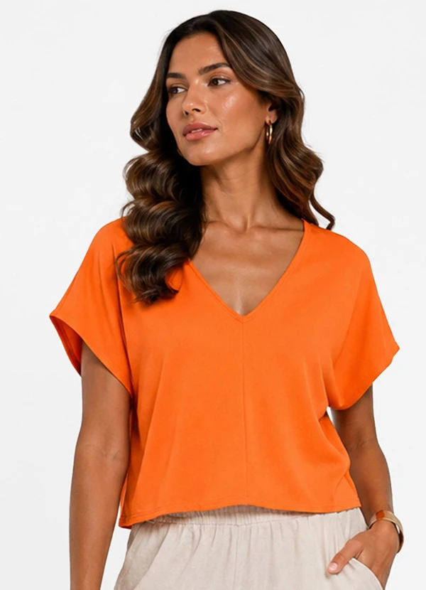 Infinita Cor - Blusa Feminina com Devote em V Laranja