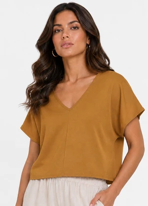 Infinita Cor - Blusa Feminina com Devote em V Marrom - INFINITA COR