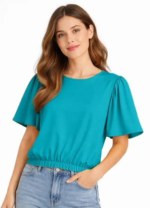 Infinita Cor - Blusa Feminina com Franzido na Manga Azul - INFINITA COR