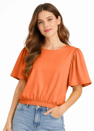 Infinita Cor - Blusa Feminina com Franzido na Manga Laranja - INFINITA COR